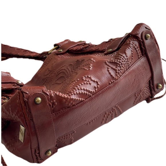 Kooba Sienna Dark Brown Leather Whip Stitched Embossed Floral Shoulder Bag EUC - Picture 3 of 16